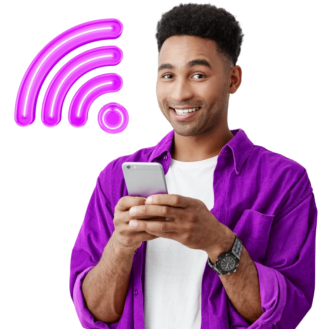 A man using a smartphone with the wifi symbol displayed on the screen.