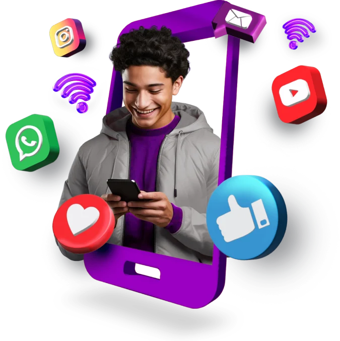 A man using a smartphone with social icons