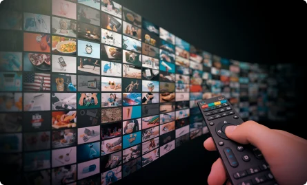 Hand holding remote in front of TV screen.