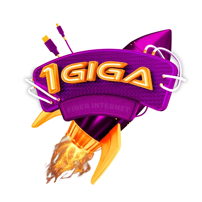 A rocket showing 1 giga speed and two cables
