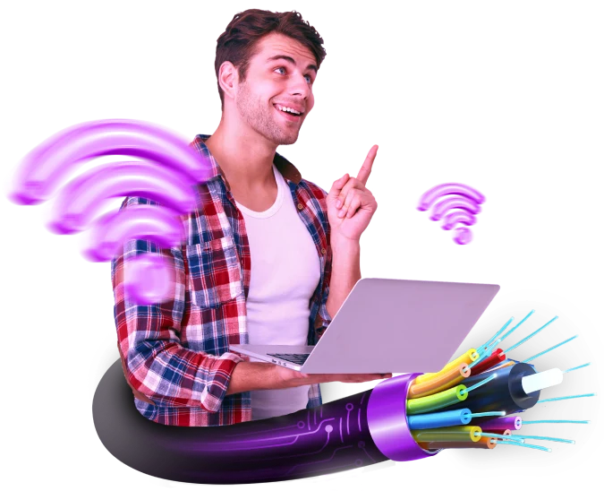 A man holding a laptop displaying a purple wifi symbol.