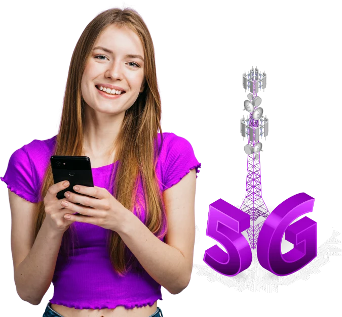 Girl holding mobile phone and a 5G tower besides her