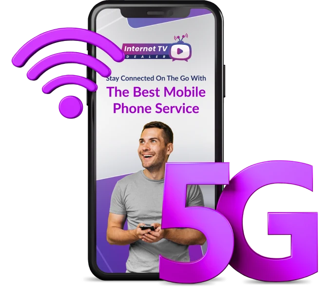  A smartphone displaying a man and 5G connectivity bars on the top of the screen