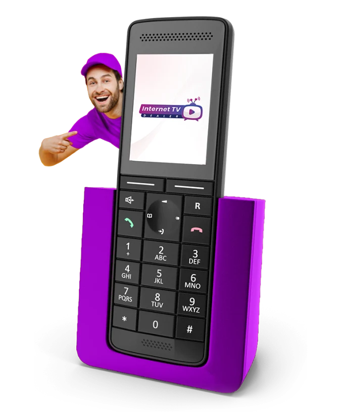 A black phone and a man pointing towards mobile phone screen