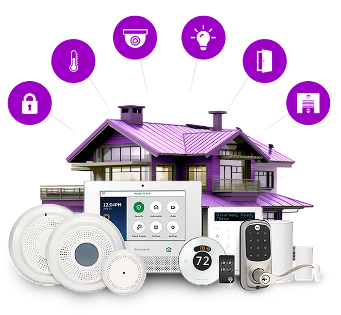 Home security systems with devices and icons for enhanced protection and peace of mind.