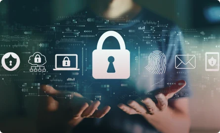 Two hands showing different icons of cyber security