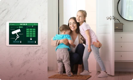 Woman and 2 kids in front of door