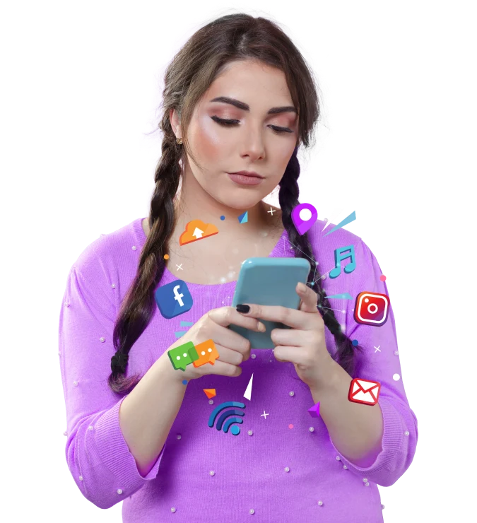 A woman holding a smartphone displaying various social media icons