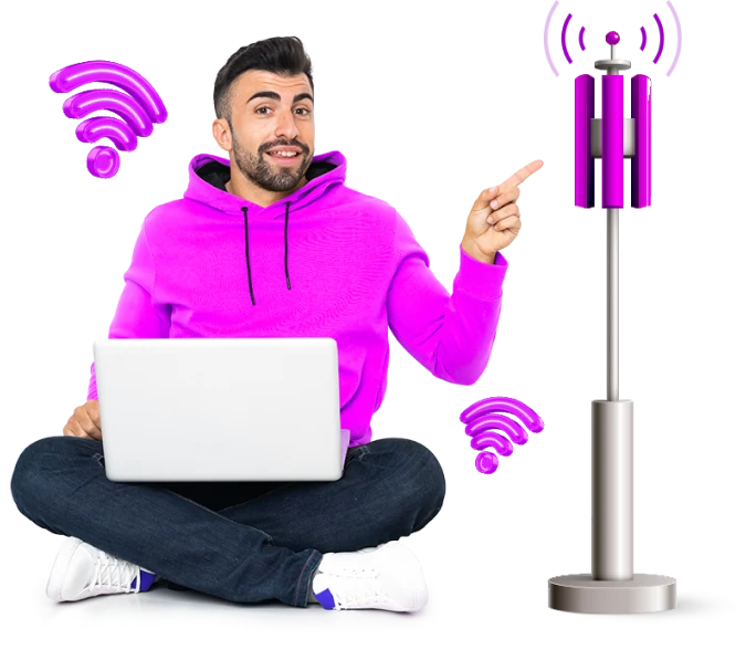 A man sitting on the floor with a laptop and a wifi antenna