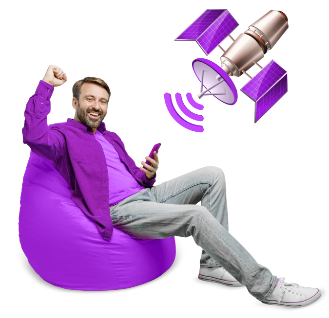Man sitting on purple bean bag with satellite